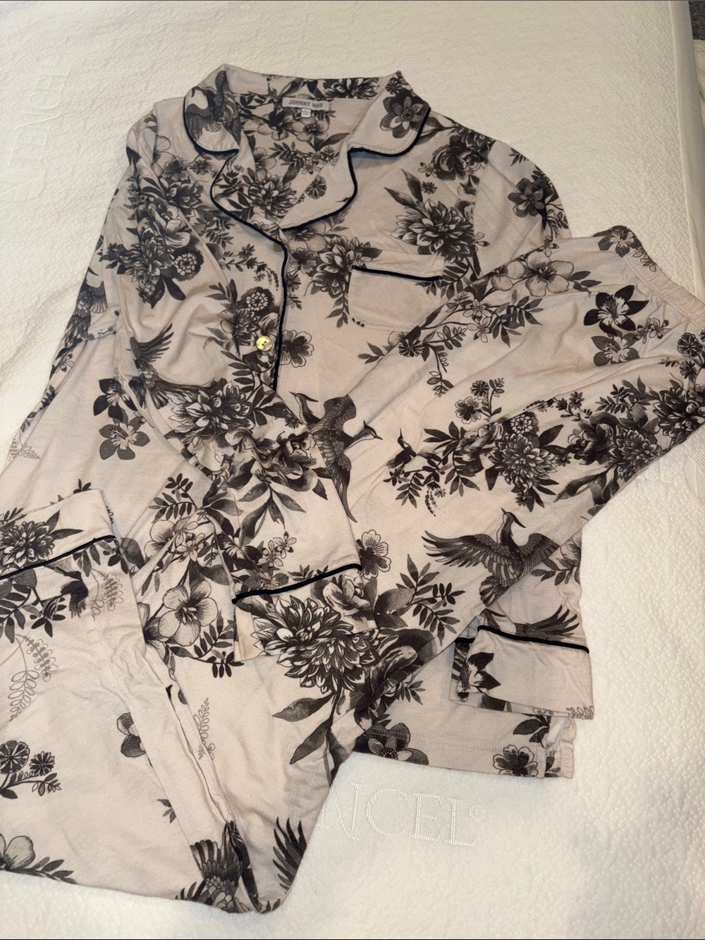 Johnny Was L Pajama Set Cream with Black Botanical Print Long Sleeved Long Pants